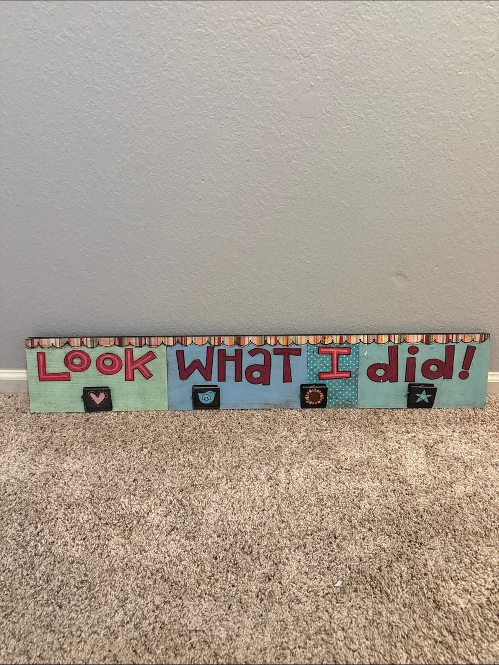Handpainted 'Look What I Did!' Wall Plaque in Aqua and Red